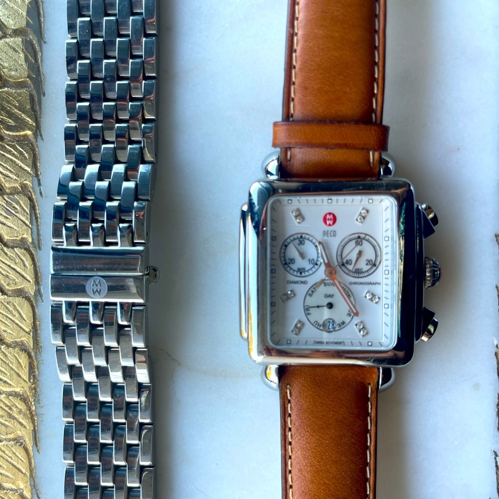 Michele Art Deco Watch with both leather and metal strap
